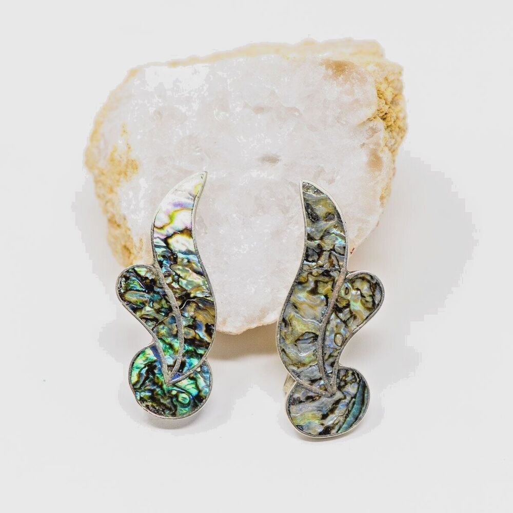 Mexico 950 Silver & Abalone Screwback Earrings signed ER Vintage